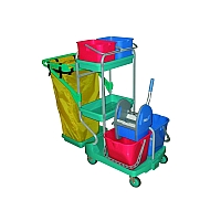 Voziček na kolesih fi100, 2 vedri 15 lit, ožemalnik, 2 pladnja 270/450/70, nosilec in podloga vreče za smeti, prijemala za držala in 2 vedri 9 lit za zgornje površine